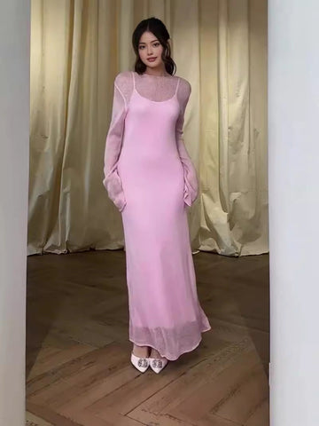 Women's Clothing In The Autumn Of 2024 Solid Color Round Collars Thin Slings Long Skirts Two Sets